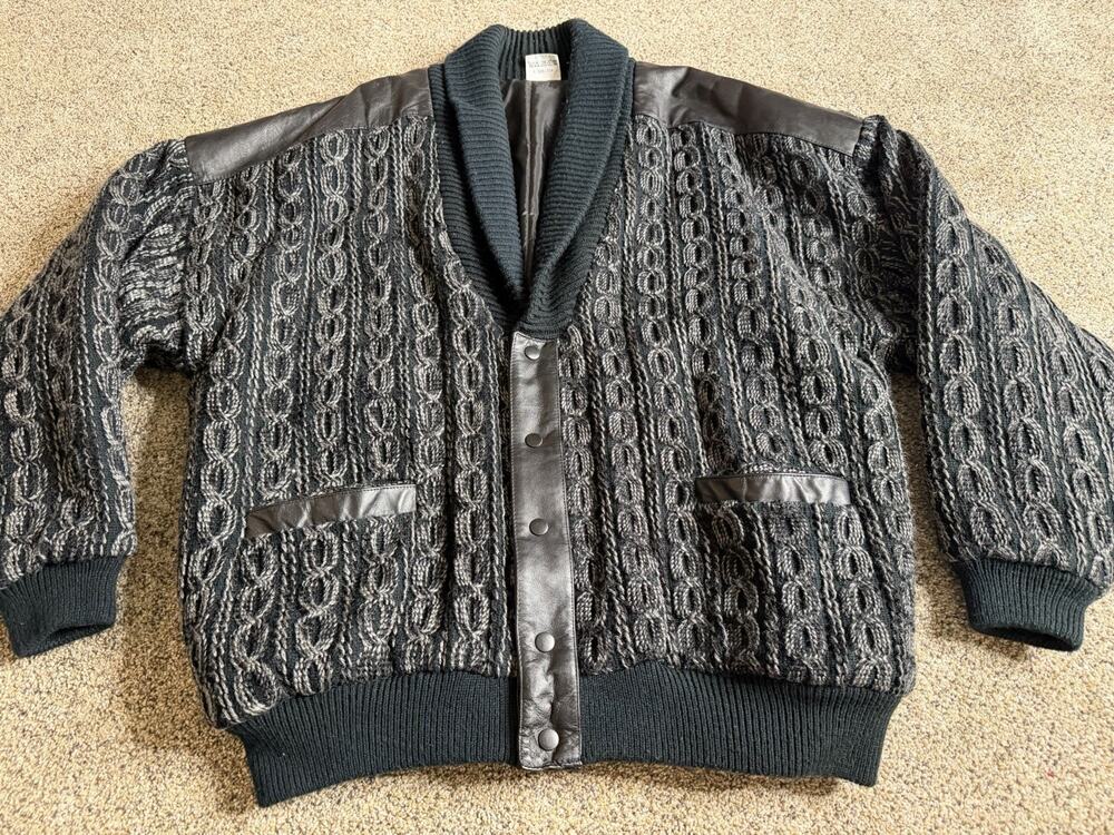Vintage ASLD Chunky Cable Knit Sweater Faux Leather Grandpa Bomber Size Large